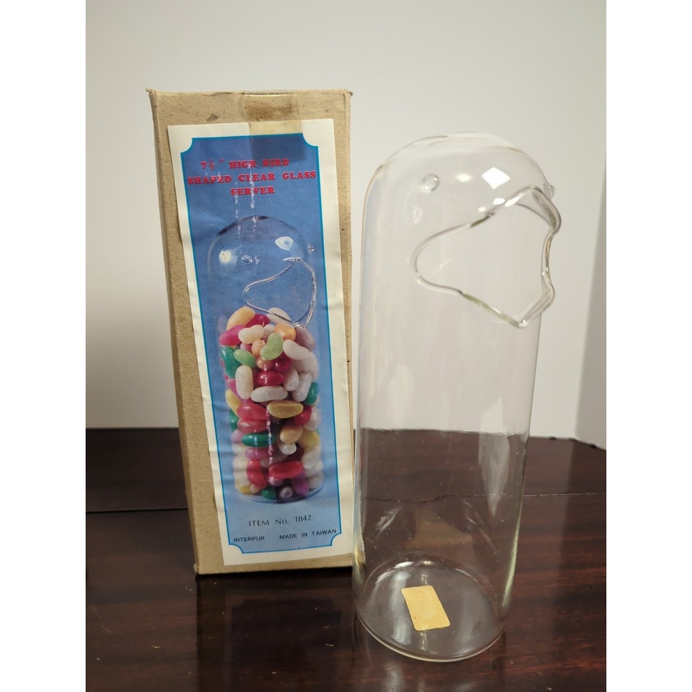 Vintage Interpur Bird Shaped Clear Glass Server Candy Jar Taiwan Item 1842 Box